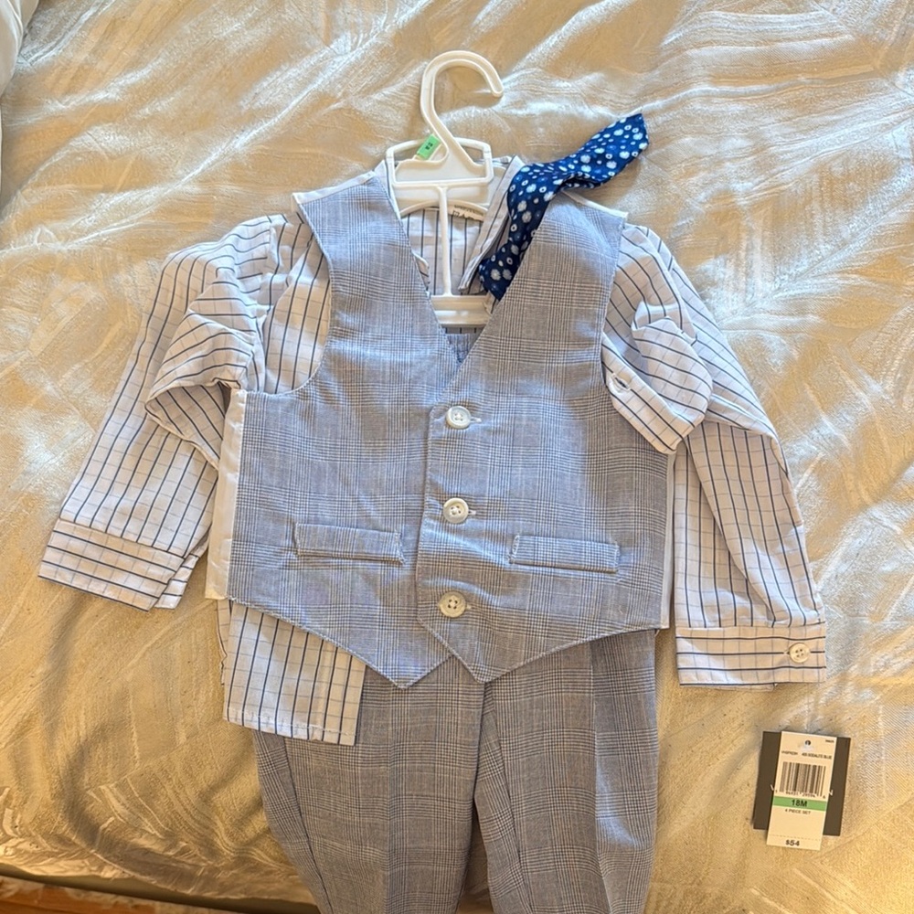 Baby Blue Pinstripe Suit Set with Polka Dot Tie